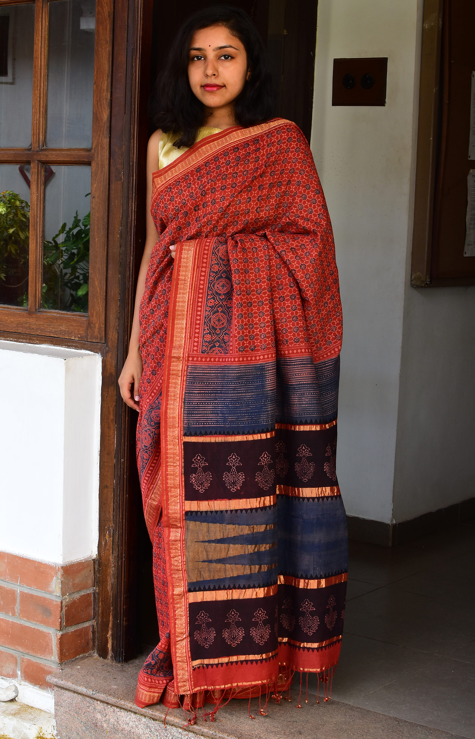  Red, Handwoven Organic Cotton, Textured Weave , Natural dye, Hand block printed, Occasion Wear, Jari, Ajrakh Saree